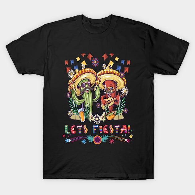 Lets Fiesta Taco Avocado Funny Cinco De Mayo Mexican Party T-Shirt by Peter smith